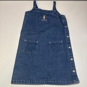VTG Ralph Lauren Sz 6 blue denim Jean Embroidered Bear Dress Pockets Adjustable